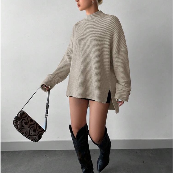 Cozy Mock High Neck Long Sleeve Slit Hi Low Hem Knit Sweater - Picture 10 of 13